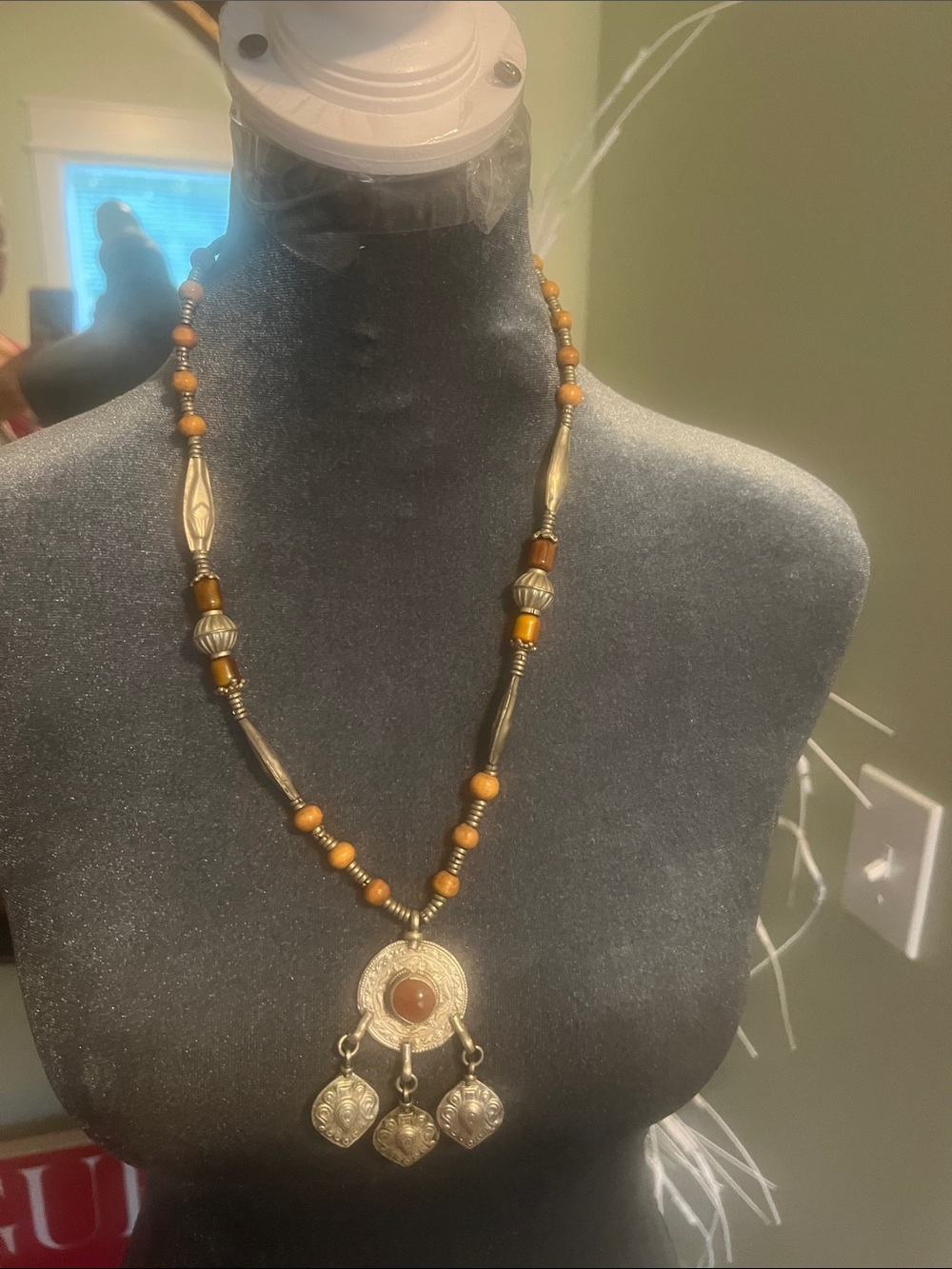 Nordstrom Silver-Tone Necklace with Amber Beads and Dangling Medallions